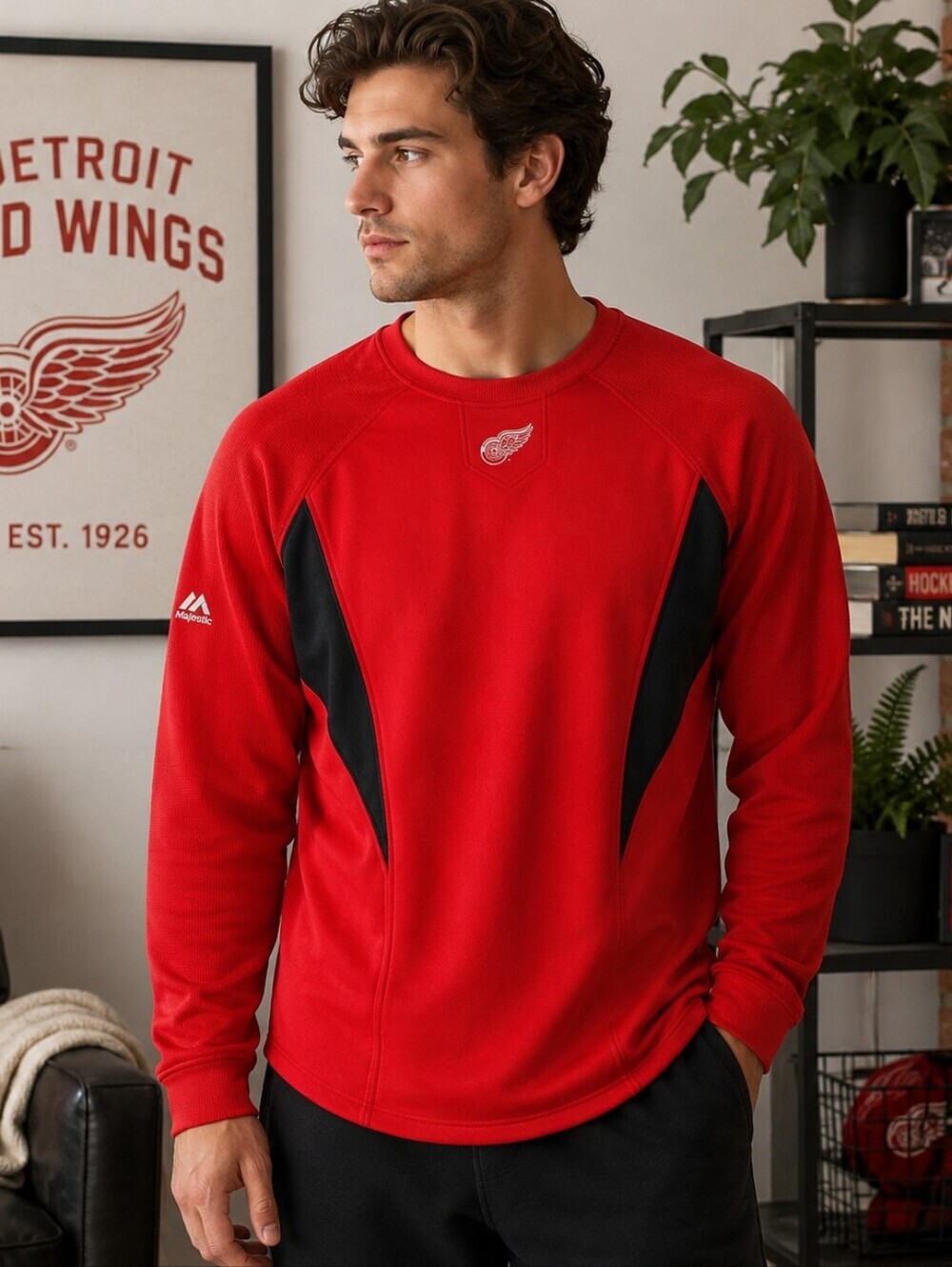 Majestic Detroit Red Wings Therma Base Curved Hem Pullover XL With Flaw